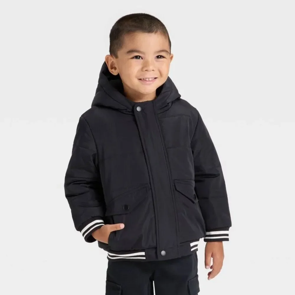 Toddler Boys' Varsity Striped Heavyweight Puffer Jacket - Cat & Jack Black 2T